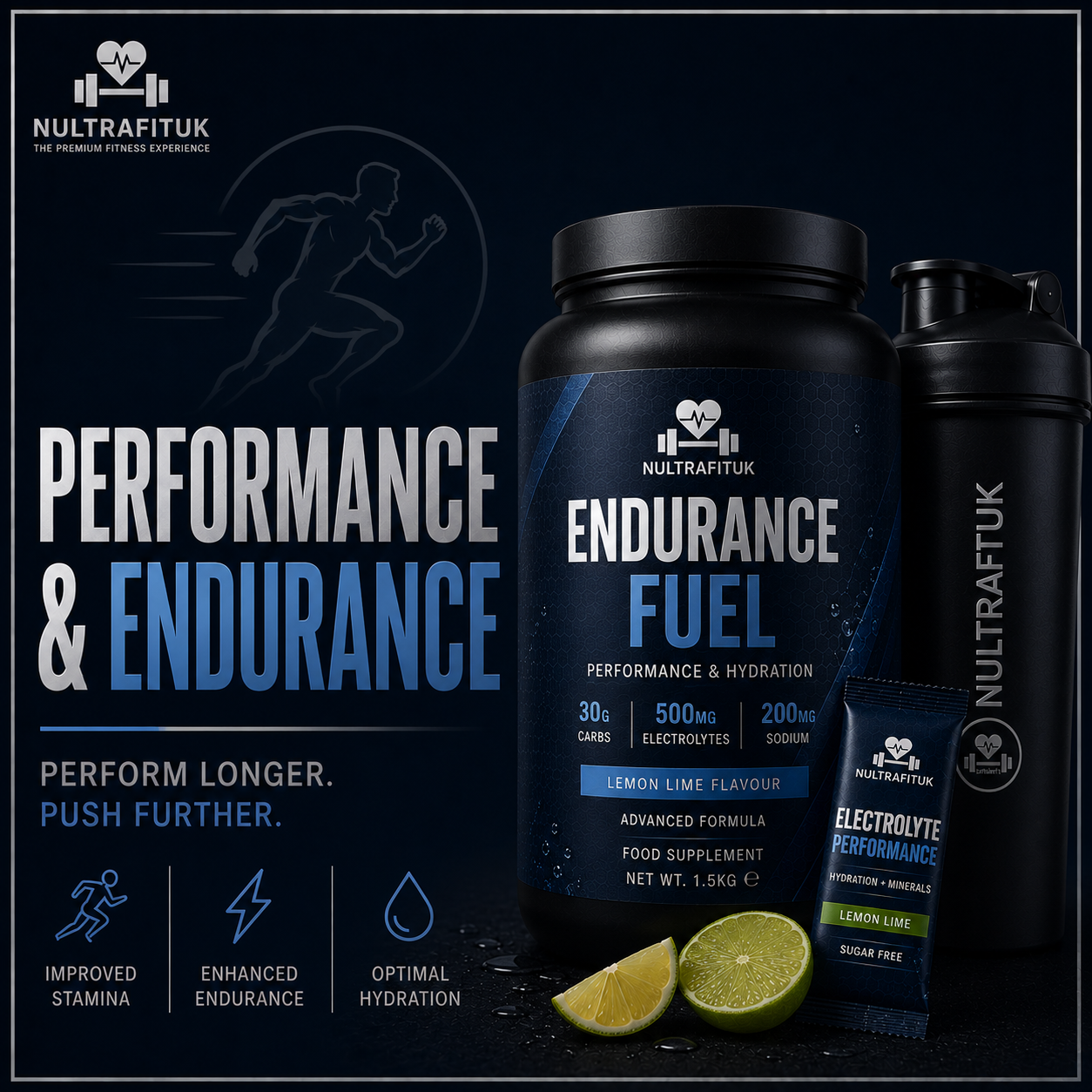 NULTRAFITUK Endurance Fuel food supplement bottle in lemon lime flavour, shown alongside a shaker bottle and a single sachet on a dark blue promotional background with lime slices.