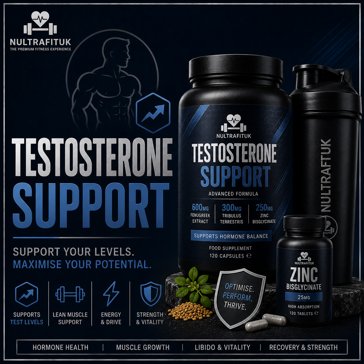 NULTRAFITUK Testosterone Support supplement set including a large black bottle, a shaker bottle, and a smaller zinc bottle on a dark blue promotional background with text and icons.