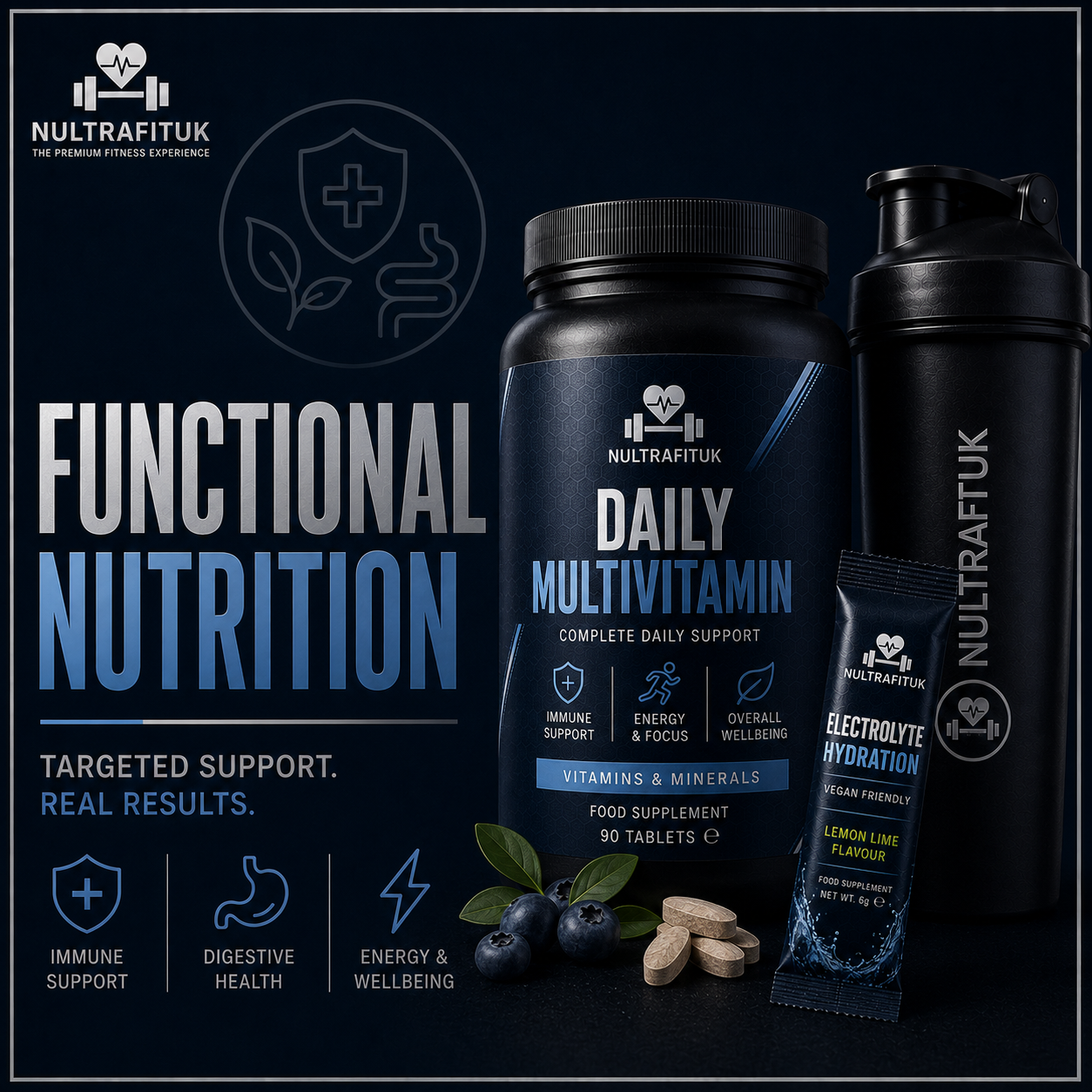 NULTRAFITUK Functional Nutrition Daily Multivitamin supplement set, featuring a large black tub of 90 tablets, a black shaker bottle, and a single lemon lime electrolyte hydration packet, displayed on a dark navy background with graphic icons and text.