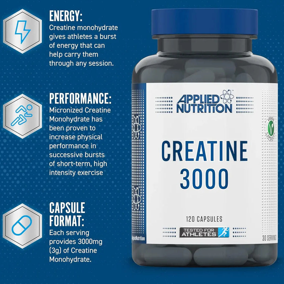 Applied Nutrition Creatine 3000 tub on a blue background