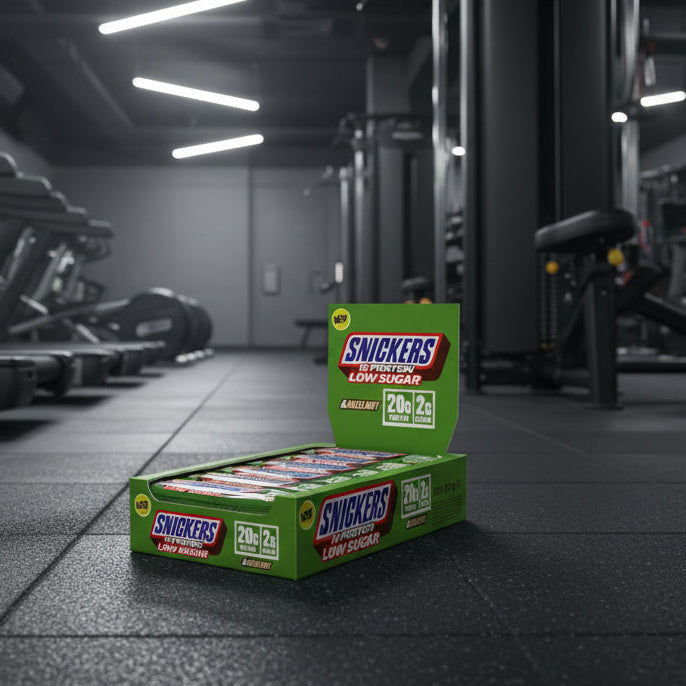 Box of Snickers Hi Protein Low Sugar bars with green packaging