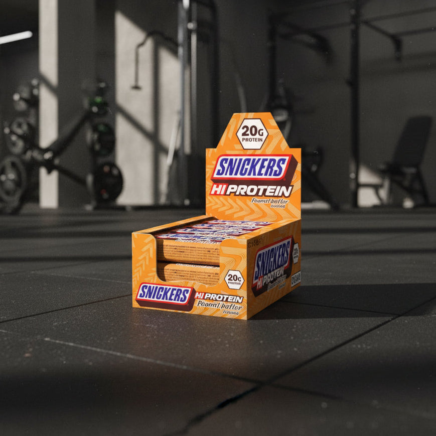 Box of Snickers Hi Protein Peanut Butter bars on a gym background