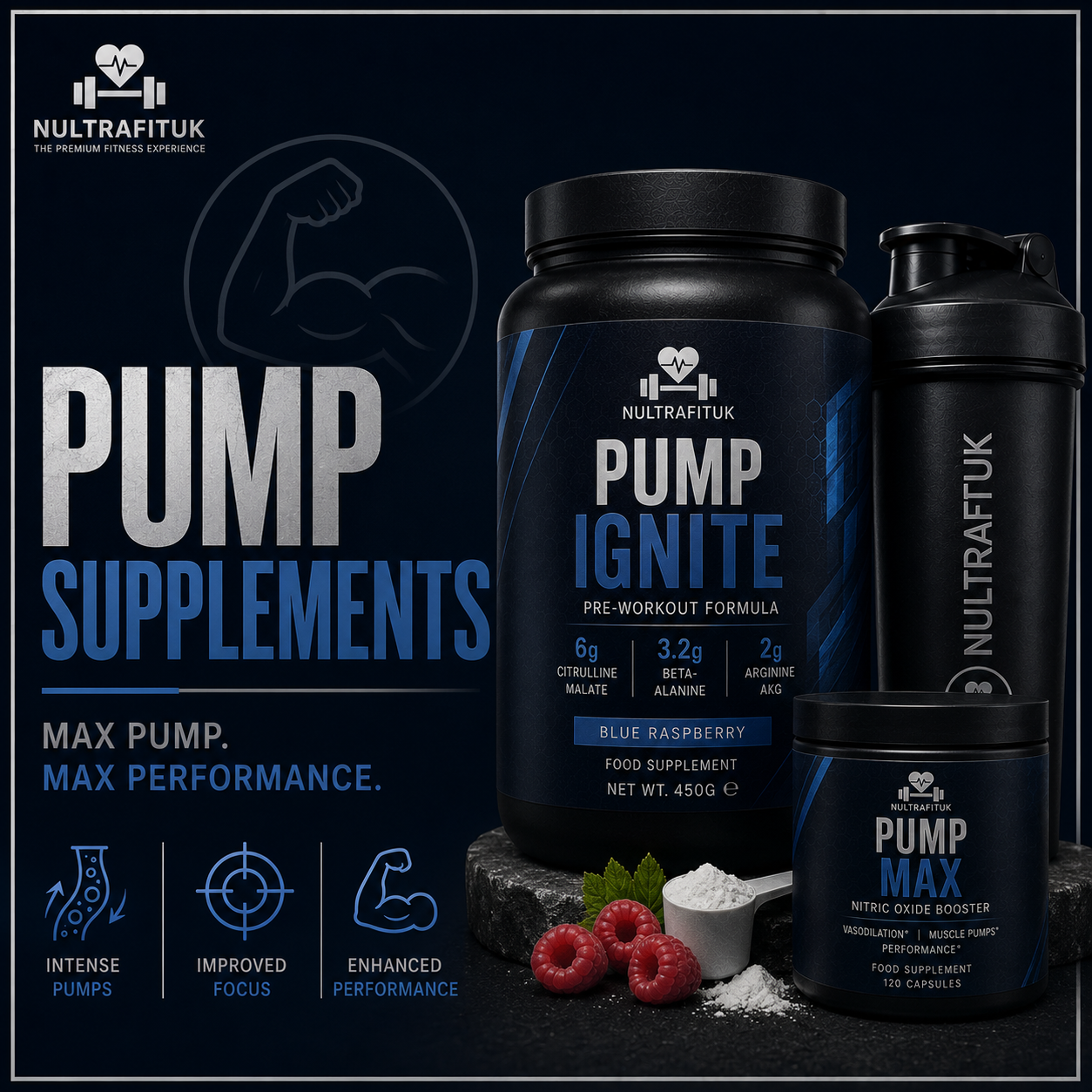 Three black NULTRAFITUK pump supplement containers on a dark blue background: a large tub labelled Pump Ignite, a tall shaker bottle, and a smaller jar labelled Pump Max. The image includes promotional text, icons, and a few raspberries and powder as styling props.