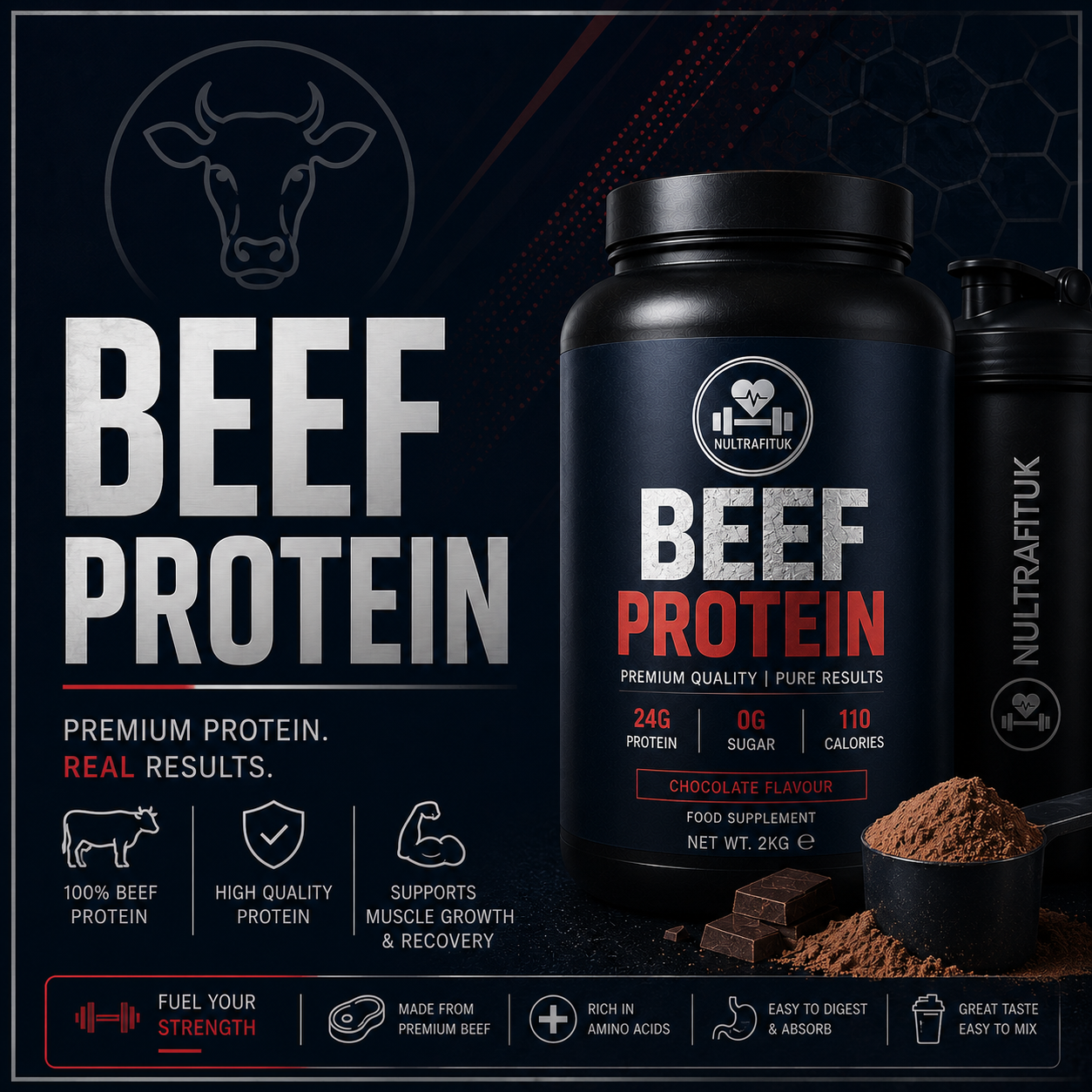 A black tub of NULTRAFITU Beef Protein food supplement with chocolate flavour, shown alongside a scoop of powder and chocolate pieces on a dark promotional background with text highlighting beef protein benefits.