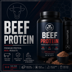 A black tub of NULTRAFITU Beef Protein food supplement with chocolate flavour, shown alongside a scoop of powder and chocolate pieces on a dark promotional background with text highlighting beef protein benefits.