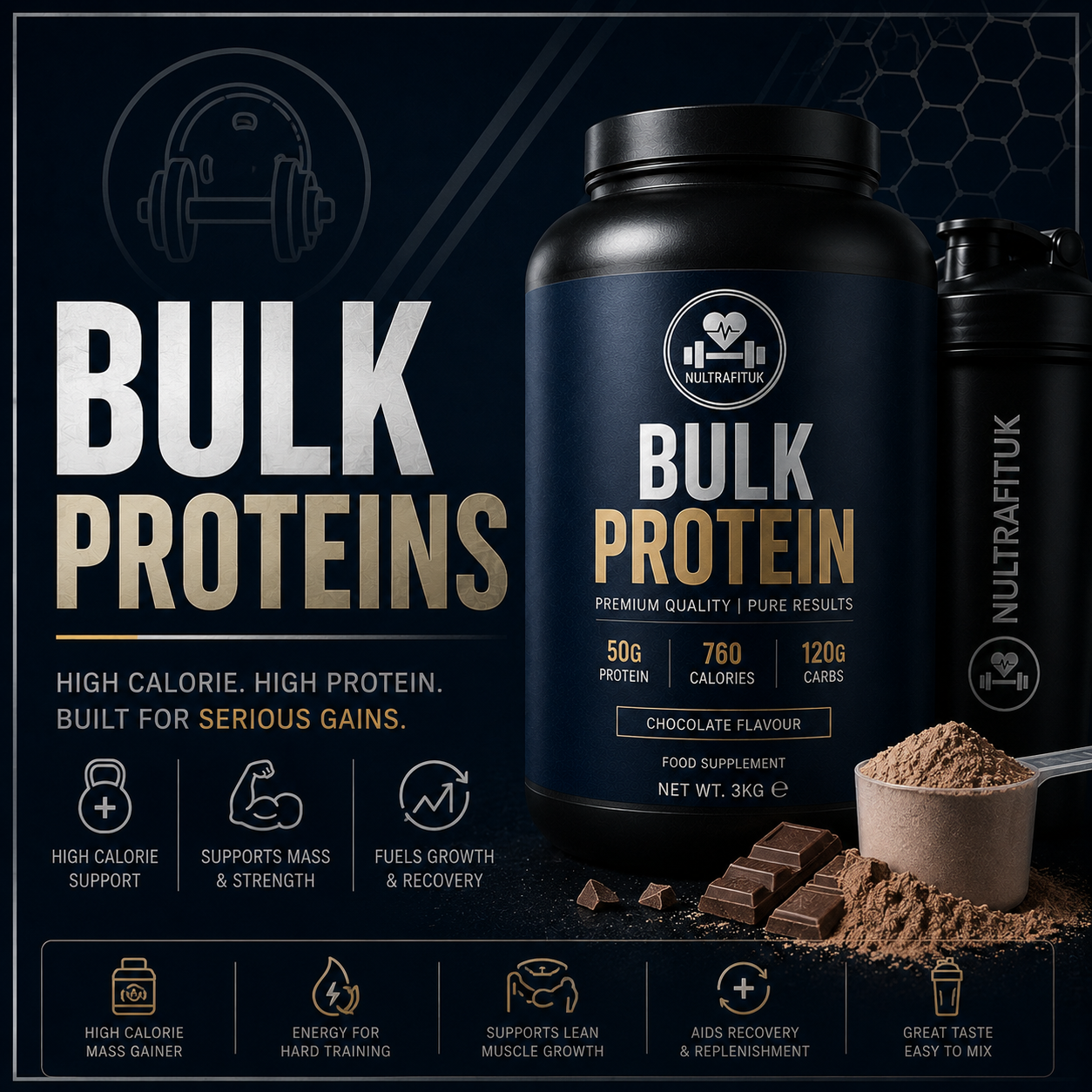 A dark promotional graphic for a bulk protein powder product. The main subject is a large black tub labeled 'BULK PROTEIN' with smaller text indicating premium quality and chocolate flavour.