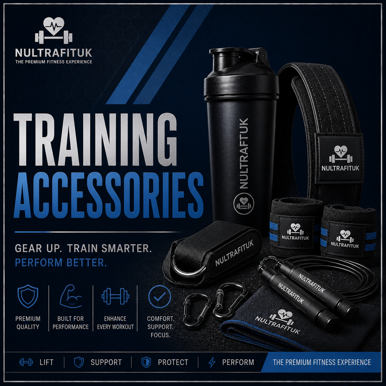 NULTRAFITUK training accessories set including a black shaker bottle, wrist wraps, a jump rope, a belt, and a carrying pouch, displayed on a dark blue promotional background with brand text and feature icons.