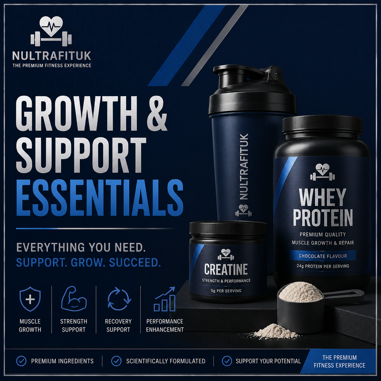 NULTRAFITUK Growth & Support Essentials fitness bundle featuring a shaker bottle, whey protein tub, creatine jar, and scoop of powder on a dark blue promotional background with product icons and text.
