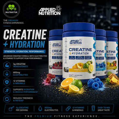 Three blue and white tubs of Applied Nutrition Creatine + Hydration powder displayed on a dark background with fruit splashes and feature icons on the left.