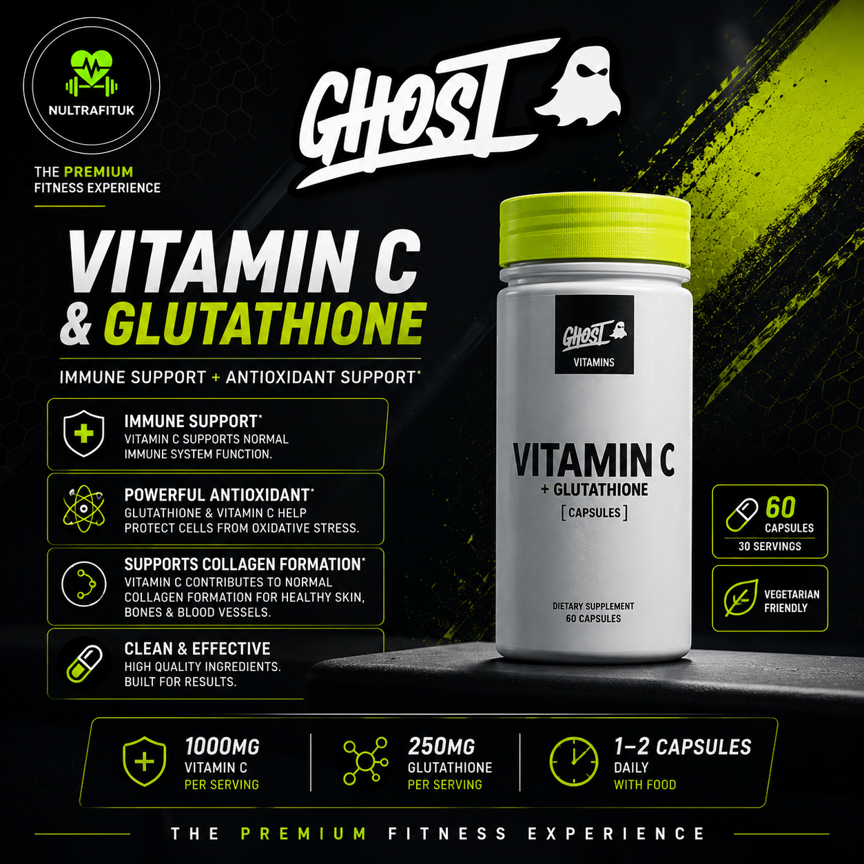 A bottle of NULTRAFITUK Ghost Vitamin C + Glutathione dietary supplement capsules, set against a dark promotional graphic background with lime green accents and text detailing its benefits.