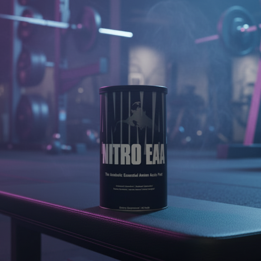 Nitro EAA supplement container on a gym bench with gym equipment in the background