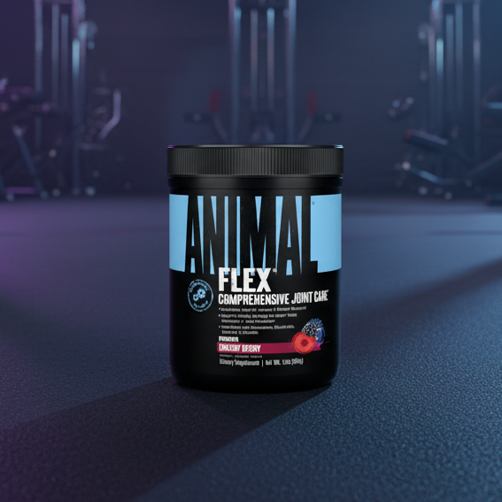 Container of Animal Flex on a gym floor with equipment in the background