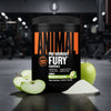 Container of Animal Pre Workout Fury with apples and powder on a gym floor.