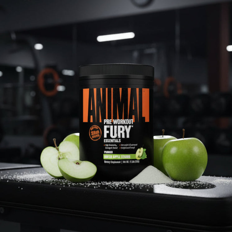 Animal fury pre workout container in a gym setting.