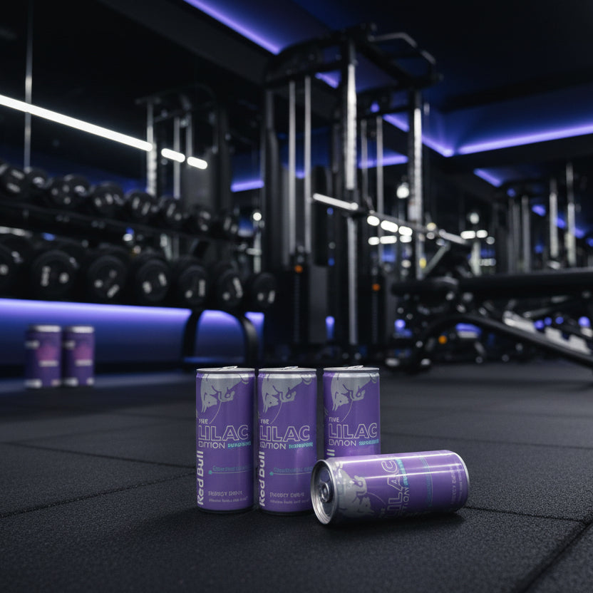 Three purple energy drink cans on a gym floor with gym equipment in the background