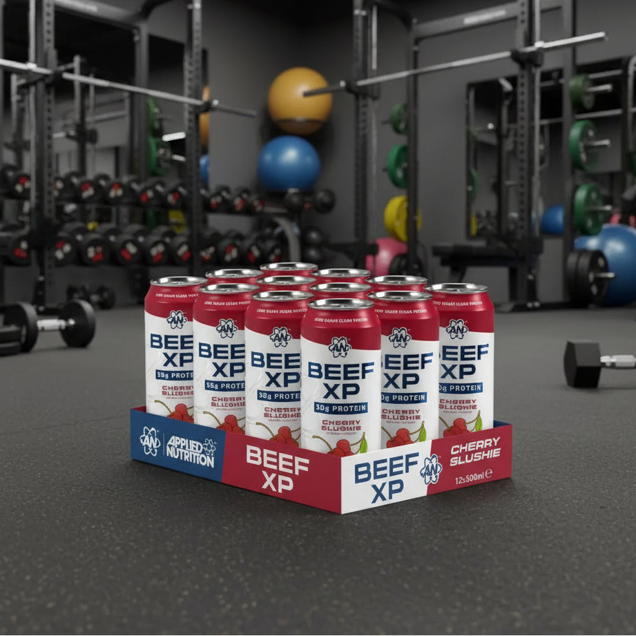 Box of Applied Nutrition Beef XP Cherry Slushie protein cans on a gray background