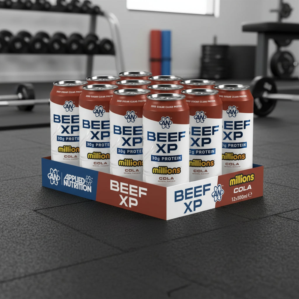 Beef XP protein cans in a display case on a gym floor