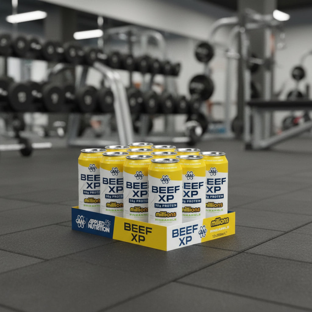 Box of Beef XP protein cans on a gym floor with weightlifting equipment in the background