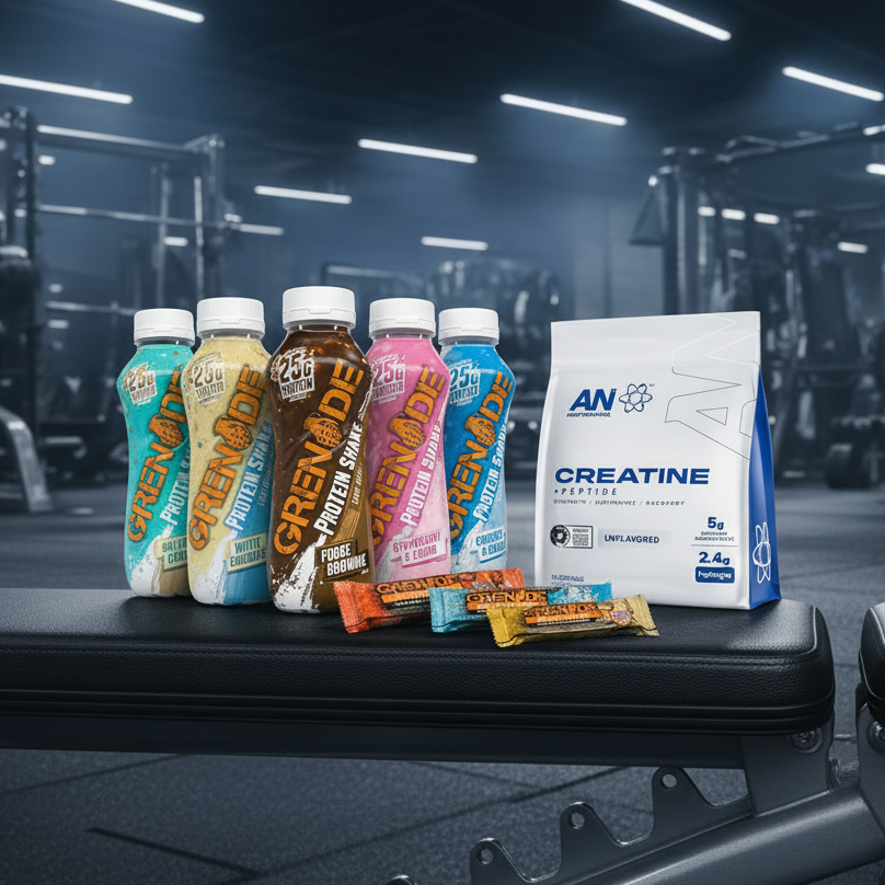 Garnade protein drinks and a creatine supplement package on a gym floor.