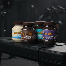 Four bottles of Grenade Protein Spread with different flavors on a dark surface.