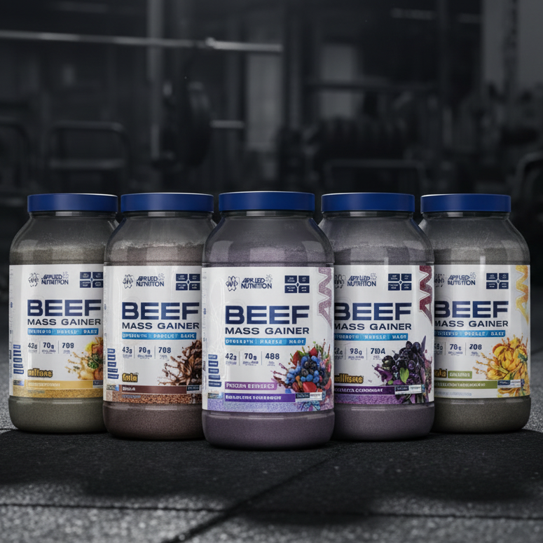 Five bottles of Beef Mass Gainer supplements on a dark surface with a gym background.
