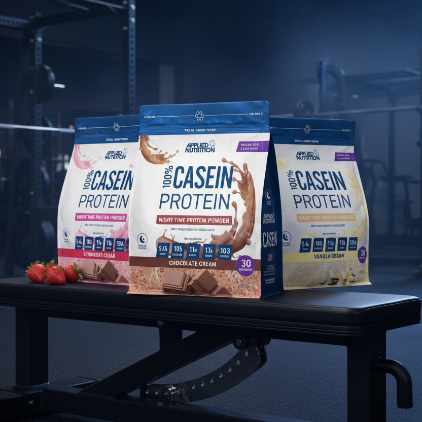 Three packages of Applied Nutrition Casein Protein on a dark surface with strawberries.
