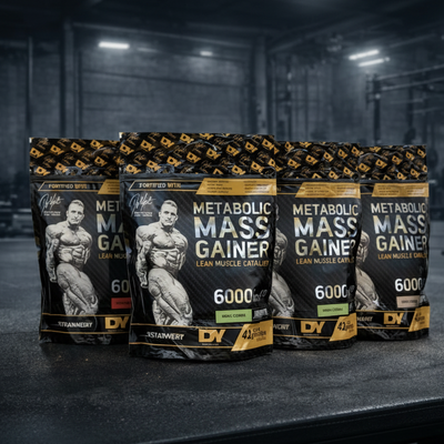 Five packages of Metabolic Mass Gainer supplement on a dark background