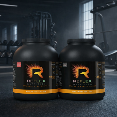 Two Reflex Nutrition protein containers in a gym setting