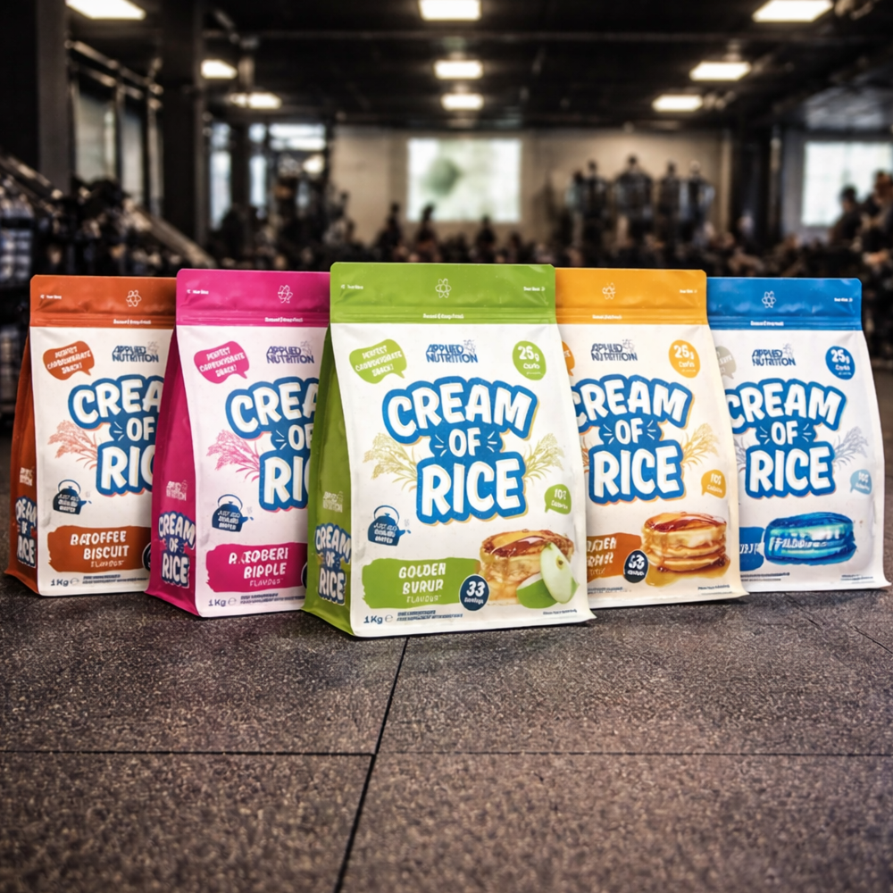 Five packages of Cream of Rice on a tiled floor with a blurred indoor background