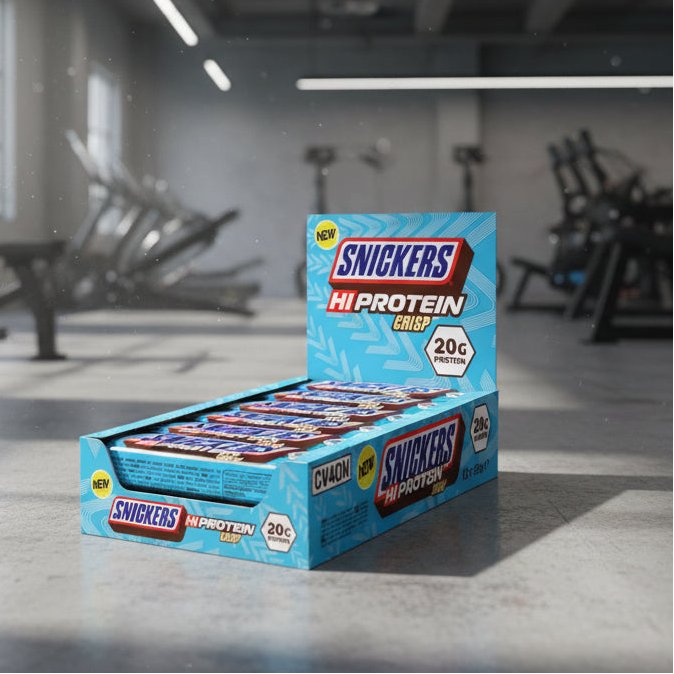 Box of Snickers Hi Protein Bars on a gym background