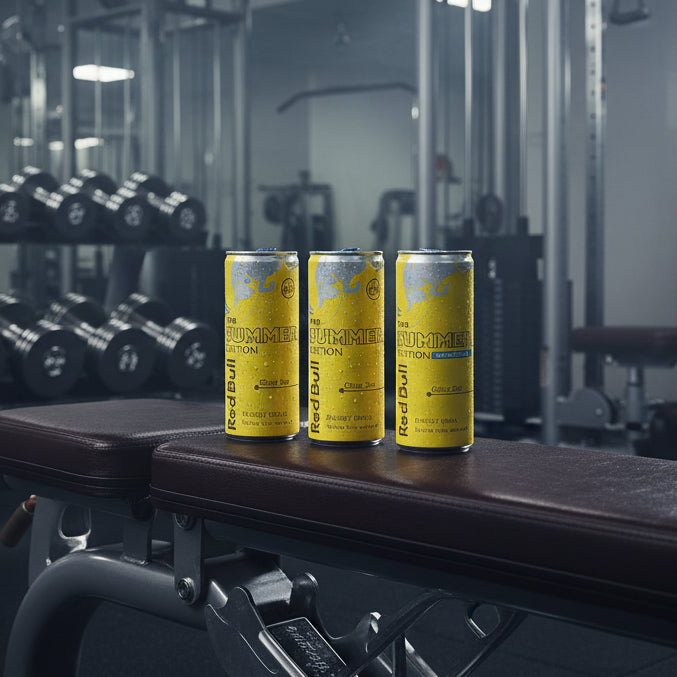 Four cans of Red Bull Summer Edition Citrus Zest energy drink on a gym background