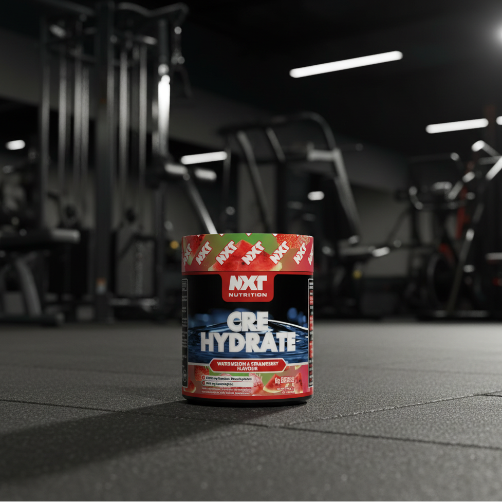 NXT Nutrition Cre Hydrate supplement container with watermelon and strawberry flavour on a gym background.