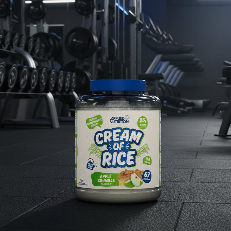 Applied Nutrition Cream Of Rice Apple Crumble flavour on a gym floor
