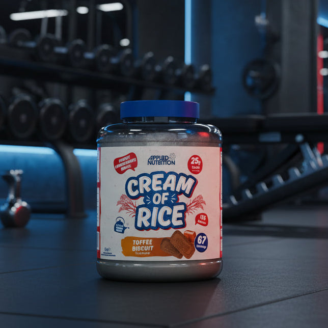 Applied Nutrition Cream Of Rice Toffee Biscuit flavour on a gym floor