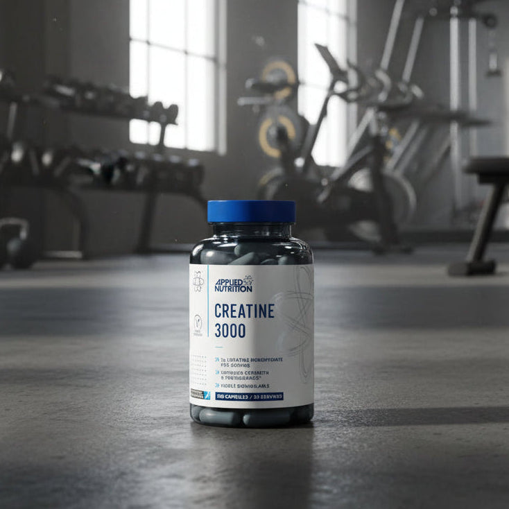 Applied Nutrition Creatine 3000 Tub on a gym floor
