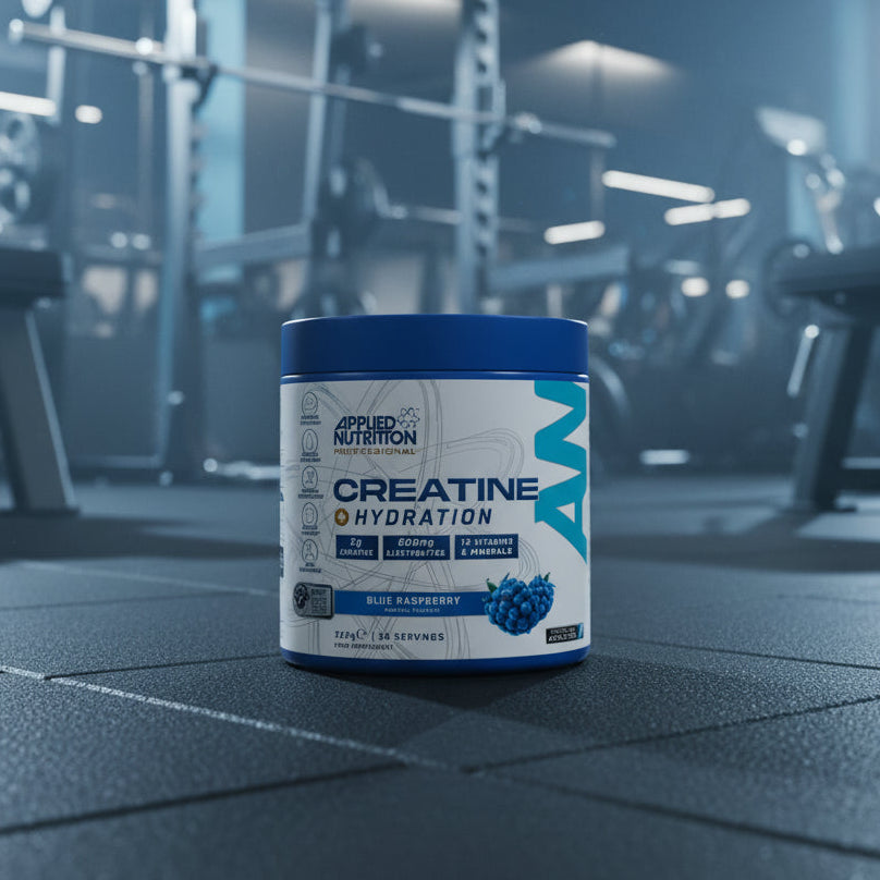 Applied Nutrition Creatine + Hydration Blue Raspberry flavour on a gym floor
