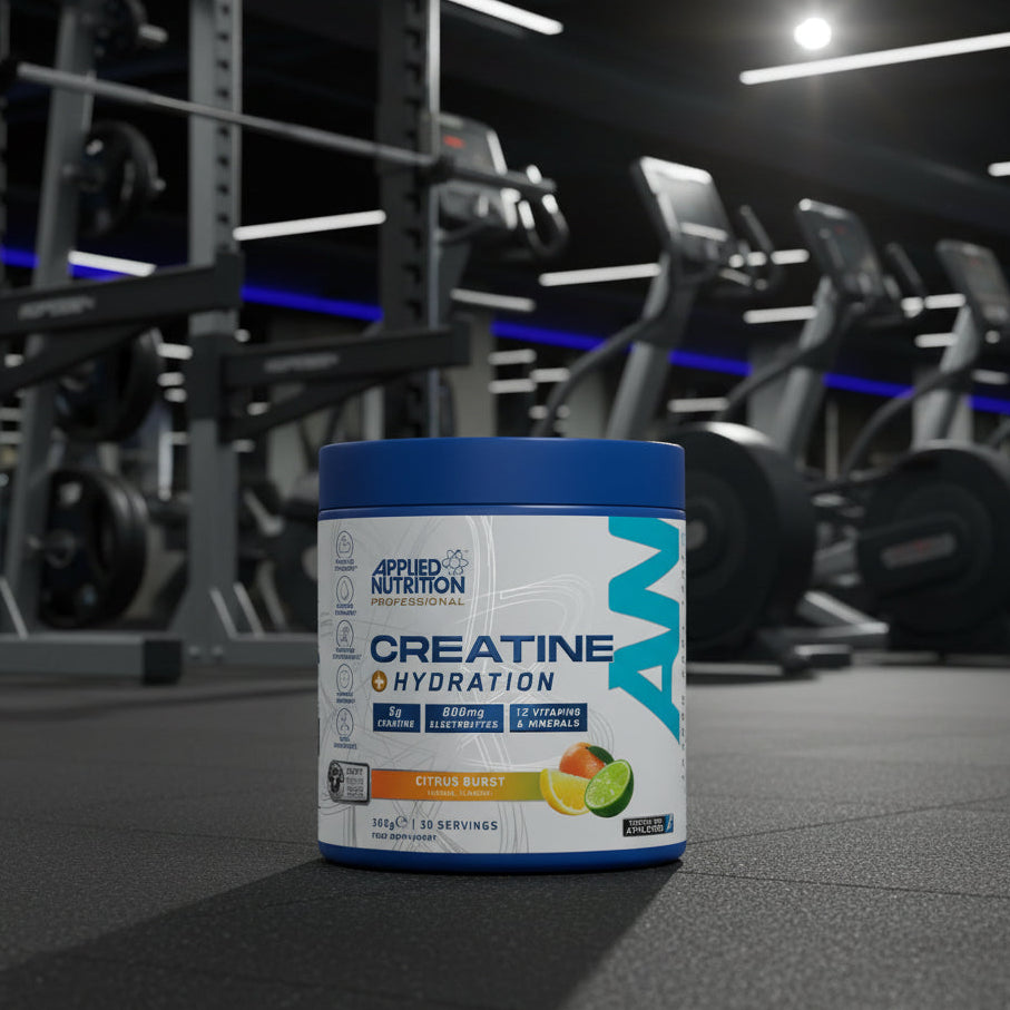 Applied Nutrition Creatine + Hydration Citrus Burst flavour on a gym floor