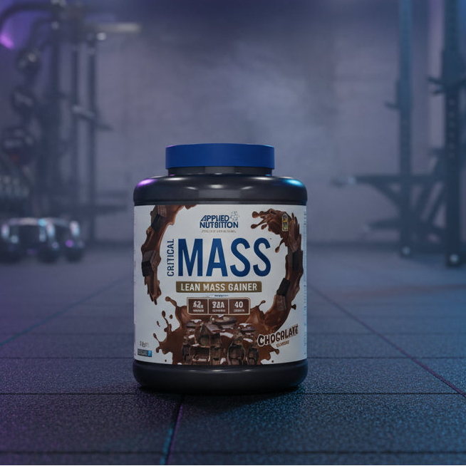 Applied Nutrition Critical Mass Professional chocolate flavour on a gym floor