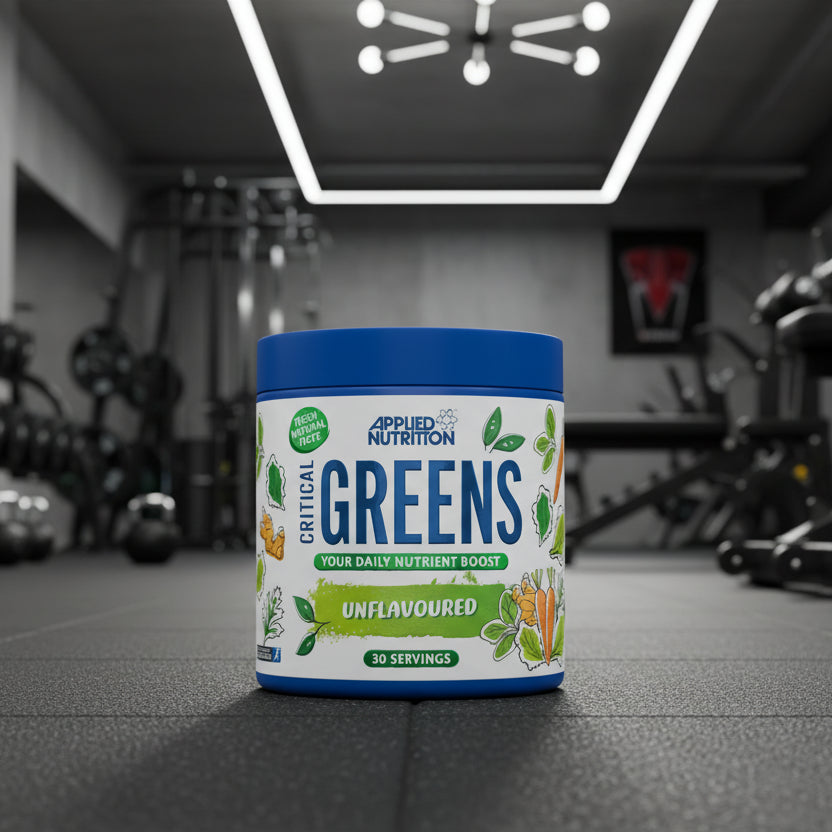 Applied Nutrition Critical Greens supplement container on a gym background