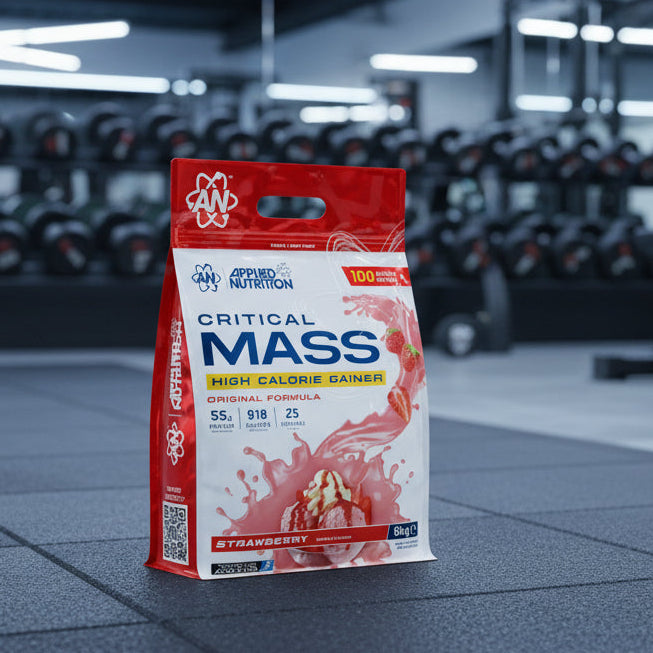 Applied Nutrition Critical Mass High Calorie Gainer package on a gym background