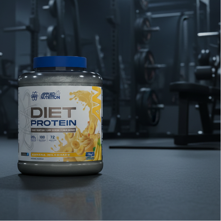 Diet protein powder container with Applied Nutrition label on a gray background