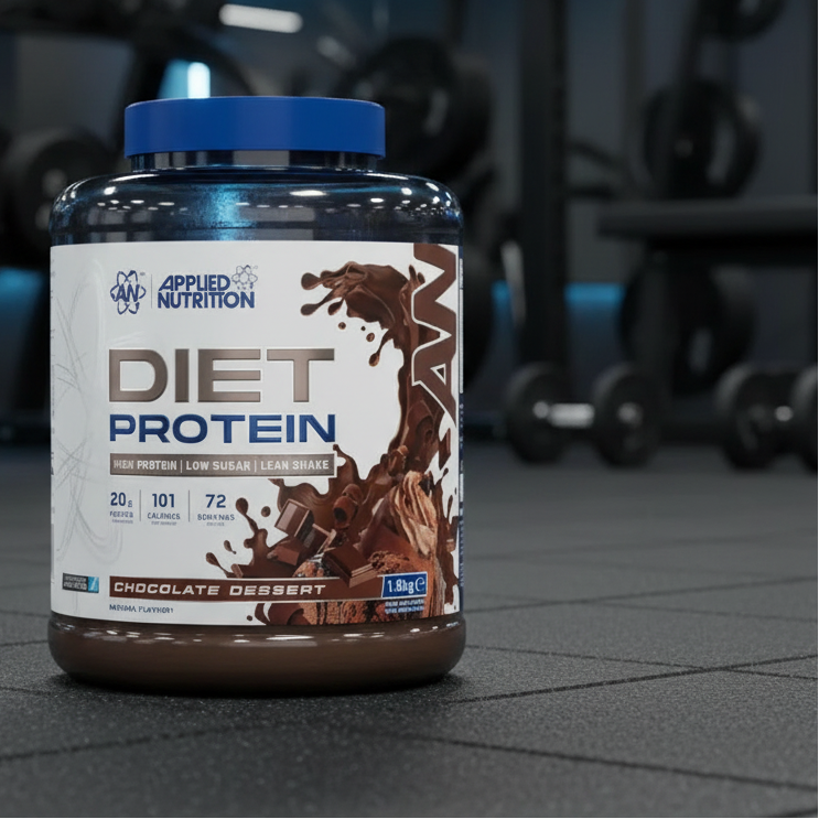 Diet protein powder container with Applied Nutrition label on a gray background