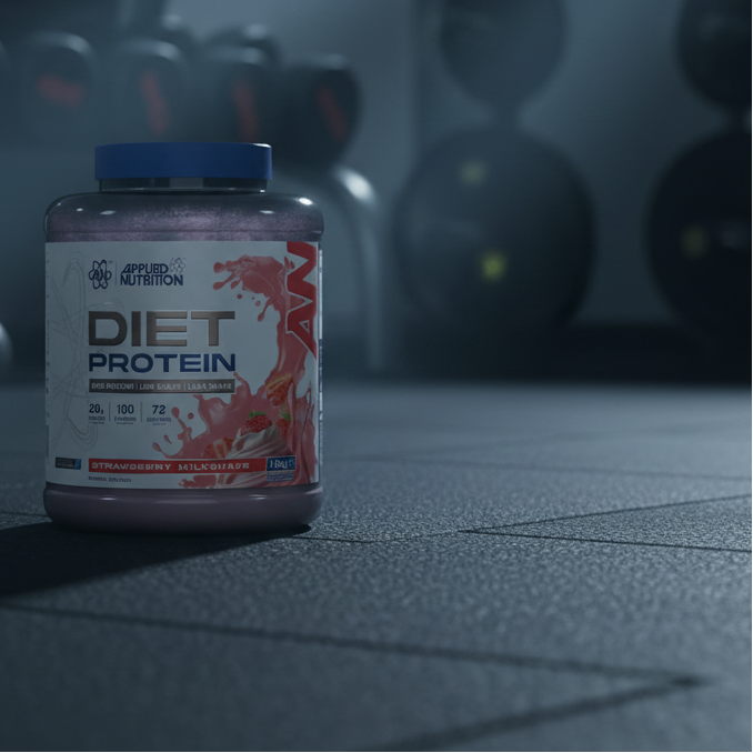 Applied Nutrition Diet Protein container with strawberry milkshake flavor on a gray background