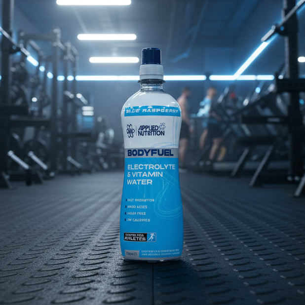 Bottle of Applied Nutrition BodyFuel Electrolyte and Vitamin Water on a gym background