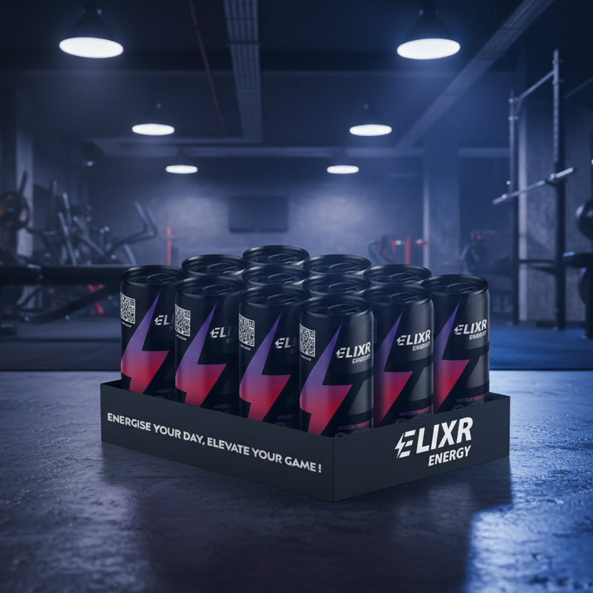 Display of Elixir Energy drinks in a black tray on a gym background