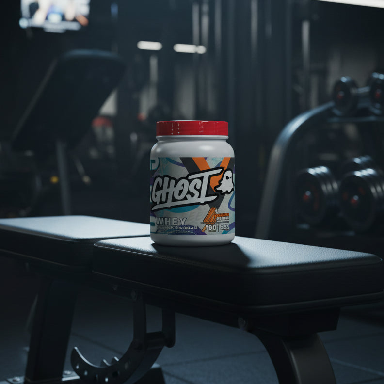 A white plastic tub of Ghost Whey Clear Protein Isolate in Orange Cream flavor, featuring a bright red lid and a colorful label with a ghost logo.