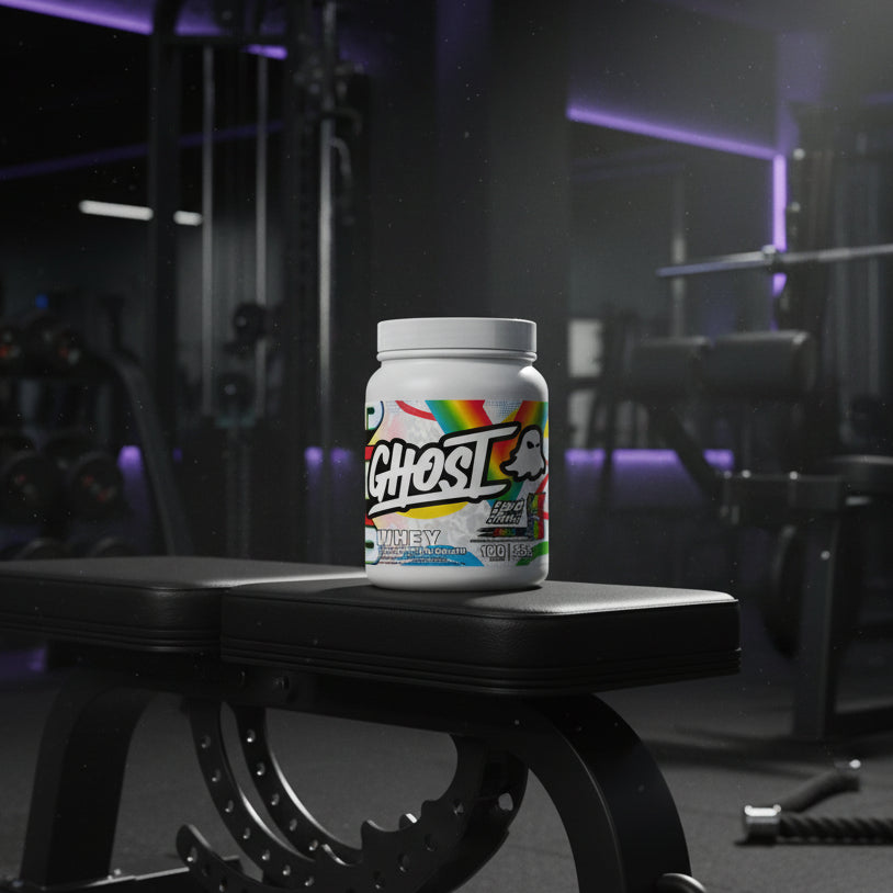 A white plastic tub of Ghost Whey Clear Protein Isolate in Sour Strips Rainbow flavor, featuring a colorful label with a rainbow graphic and the Ghost logo.