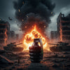 Grenade with 'TRENDE' branding in front of a large explosion and destroyed cityscape