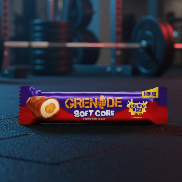 Grenade Soft Core protein bar on a gym floor with weights in the background