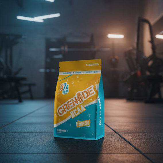 Grenade BCAA supplement package with strawberry mango flavour on a gym background